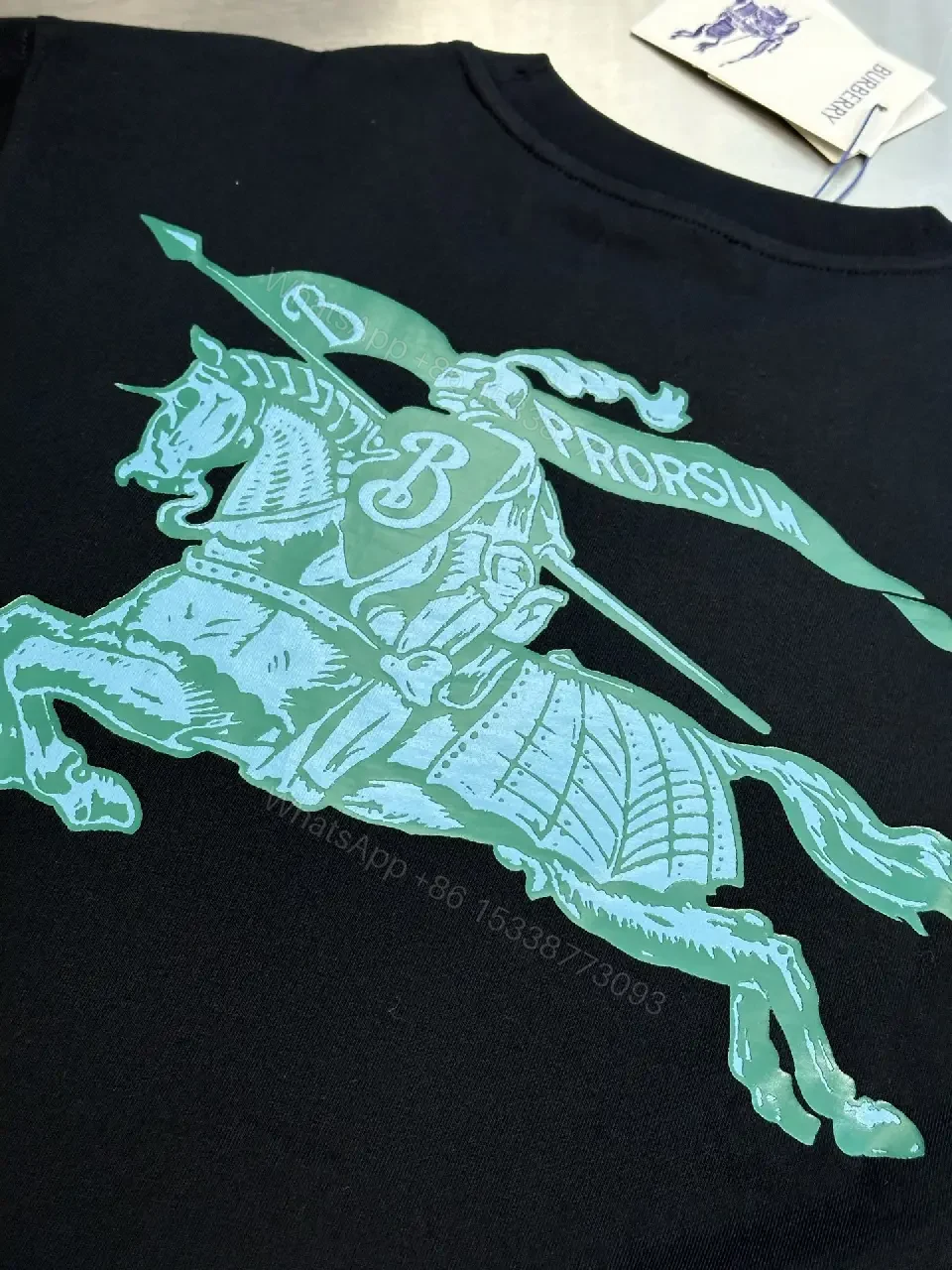 View 10 of Black Knit Oversized Tee Turquoise Burberry Text T-Shirt