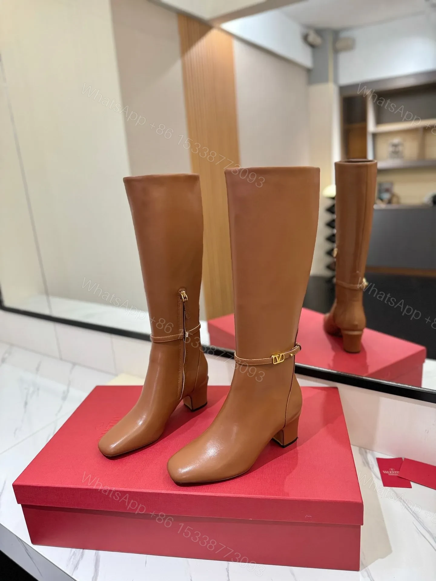 View 3 of Valentino Women Tan Leather Mid-Calf Boots