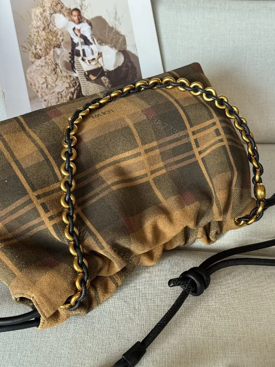 View 3 of Brown Plaid Leather-Trim Shoulder Bag with Chain Detail