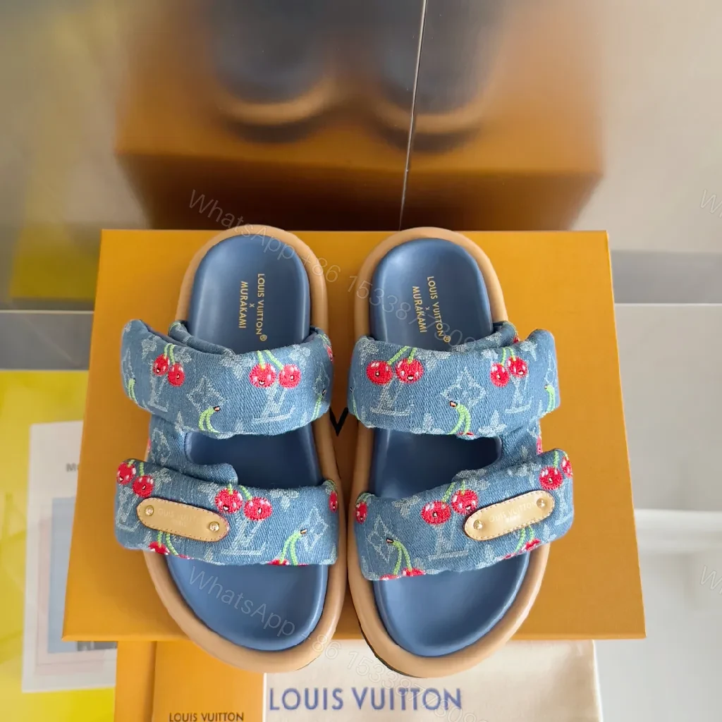 View 6 of Denim Cherry-Embroidered Slides: Playful Luxury Sandals