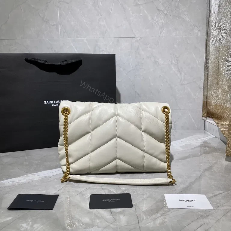 View 4 of Quilted White Crossbody with Gold Hardware â€“ Signature Saint Laurent Bag