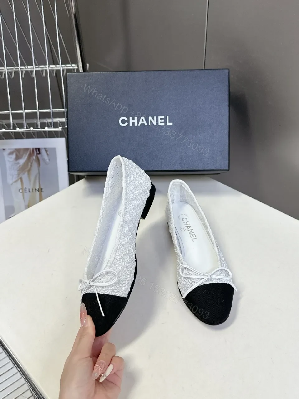 View 3 of White Lace Satin Flats + Black Toe Cap – Luxe Everyday Style