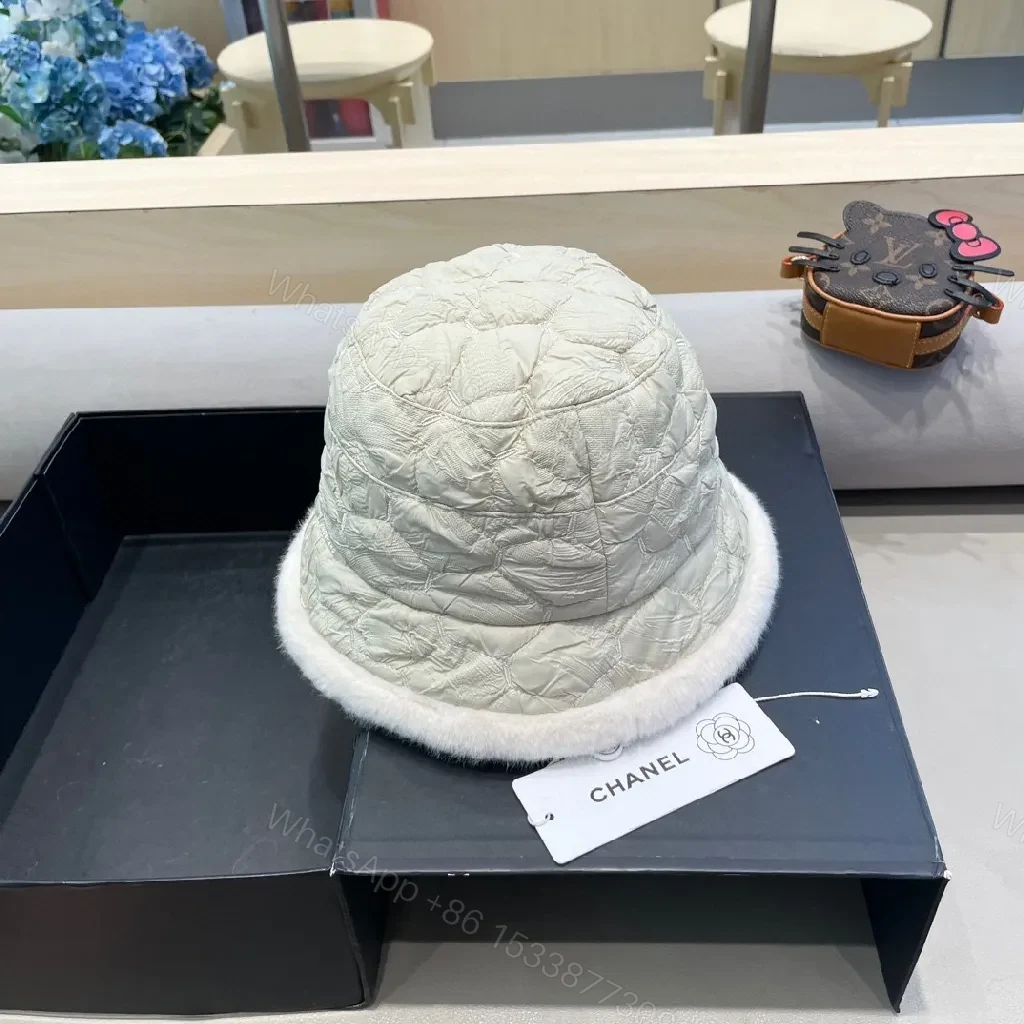 View 3 of Quilted Fur-Trim Visor Beanie – Luxe Chanel-Style Warmth
