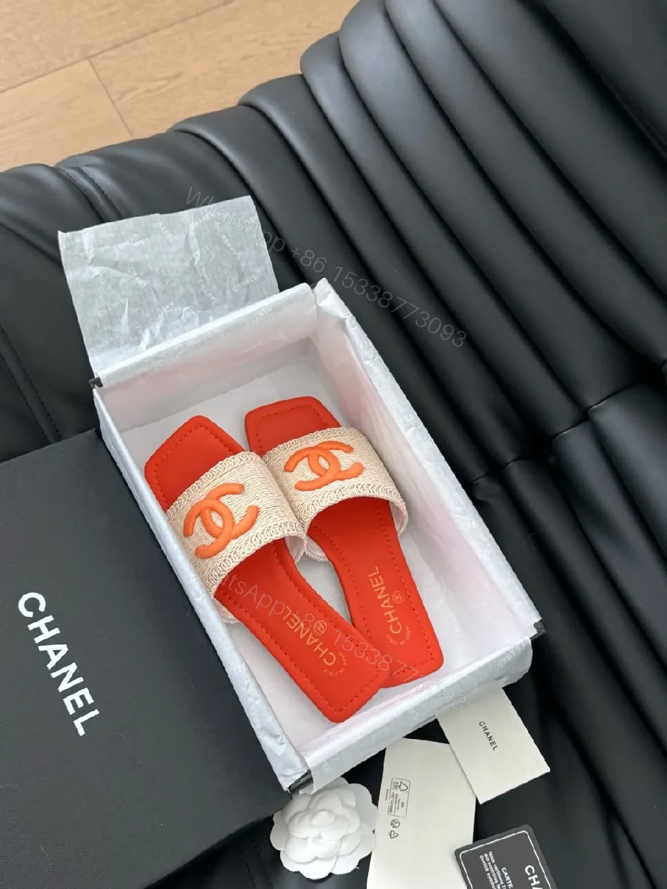 View 6 of Bold Orange-Blocked Chanel-Inspired Slide Sandals