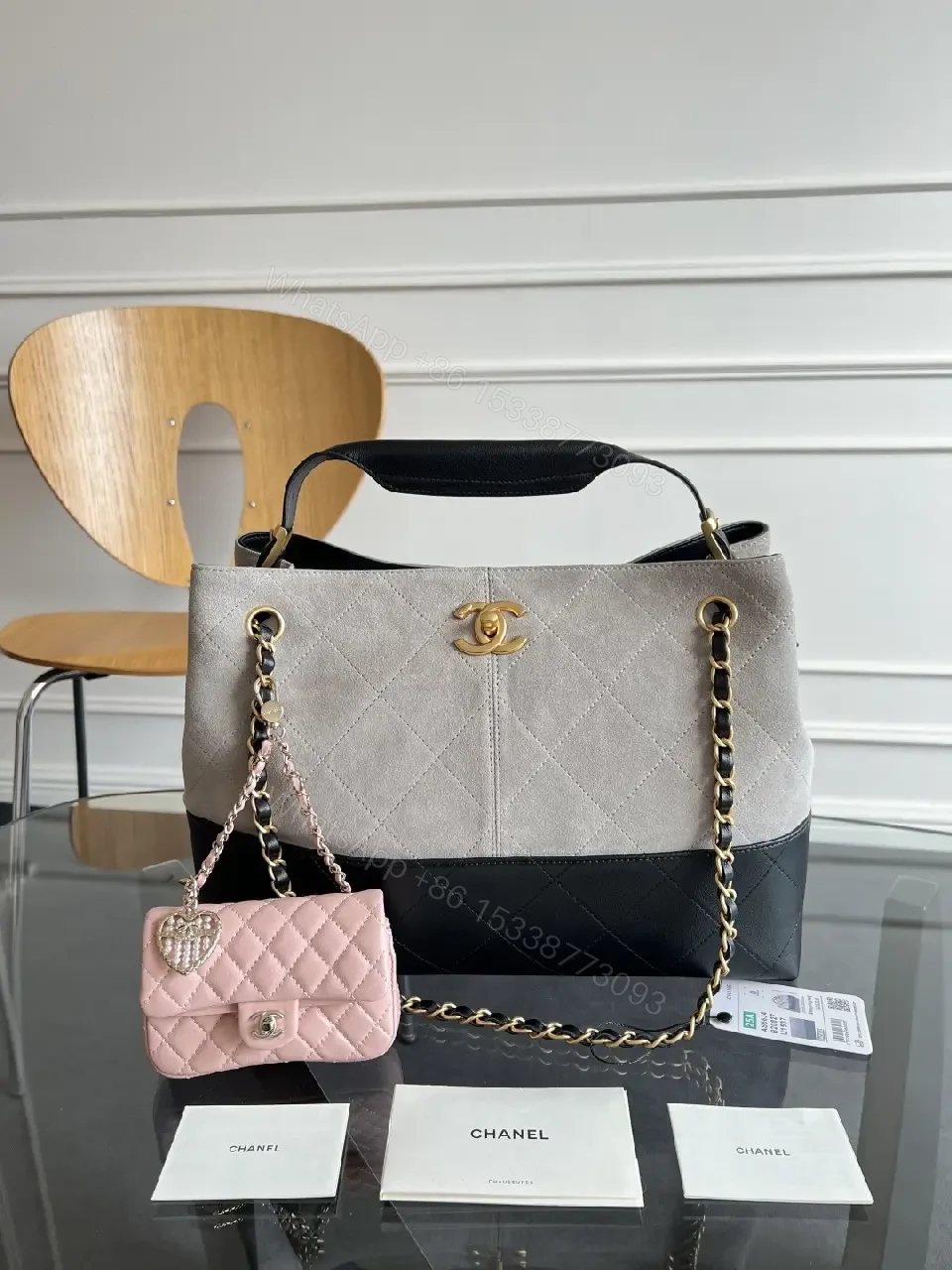 View 11 of Two-Tone Quilted Tote: Convertible Chain Handle, Subtle Glam