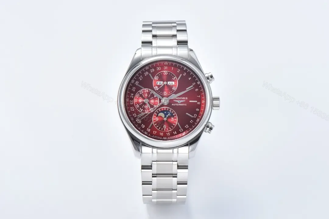 Longines Master Collection Moonphase Chronograph Watch Red Dial Stainless Steel Bracelet 42mm Case — view 1