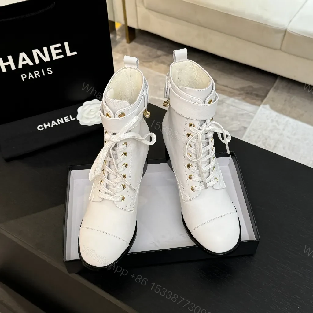 View 4 of White Leather Combat Boots with Gold Chain Detail