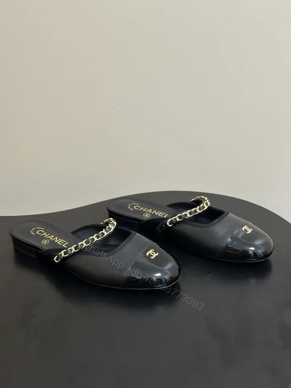 View 3 of Black Leather Flat Mules Chain-Detail Chanel-Style Slippers