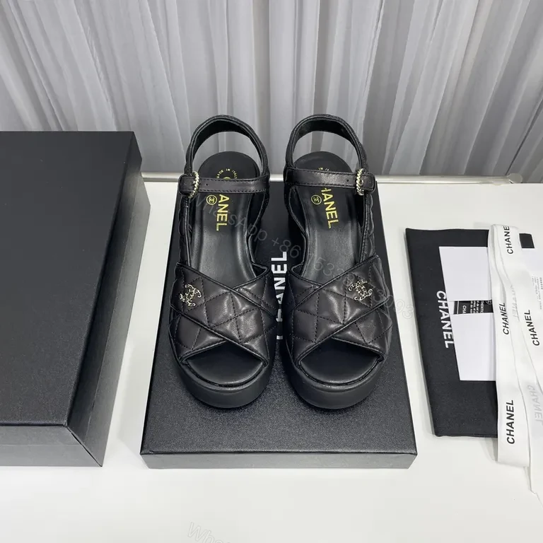 View 8 of Chanel-Inspired Quilted Platform Sandals â€“ Black, Gold Hardware