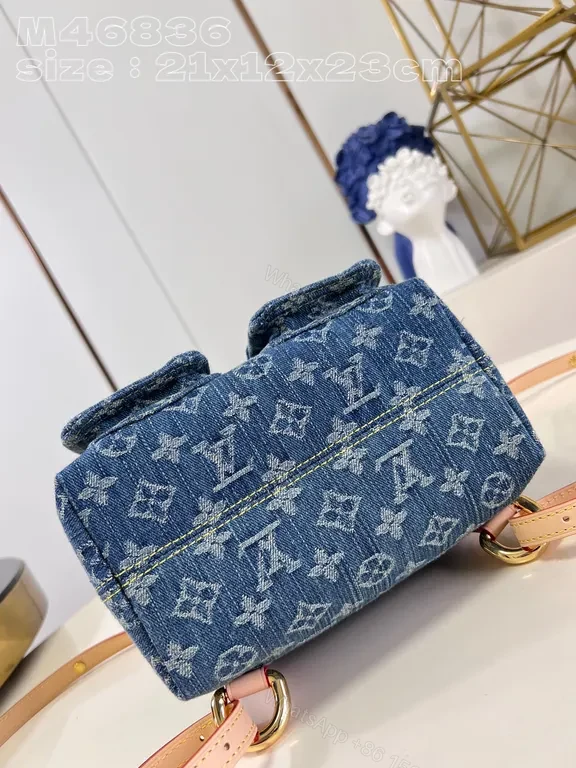 View 3 of Blue Denim Monogram Backpack - Gold Hardware, Imitation LV Style