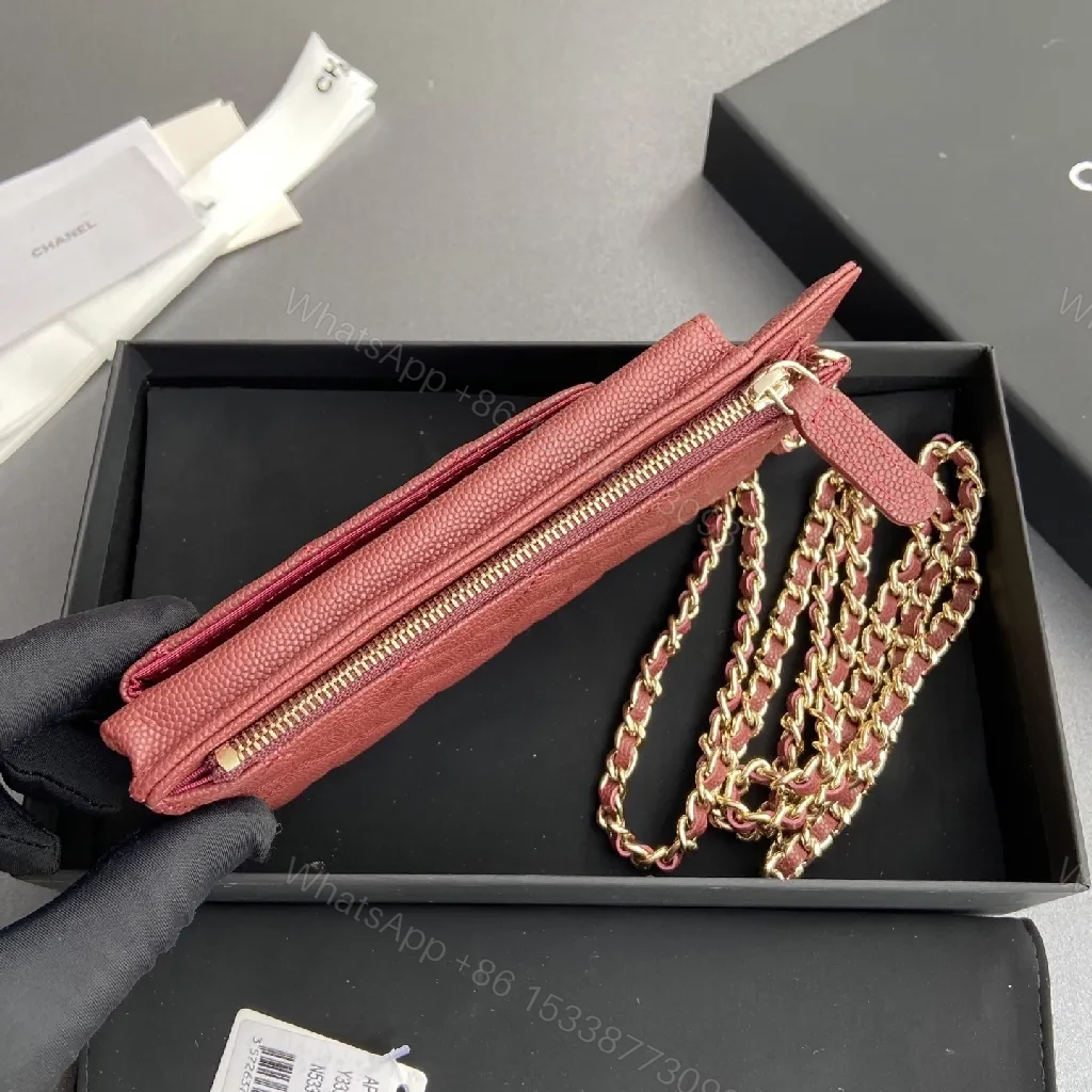 View 9 of Red Quilted Wallet Bag with Gold Chain Strap