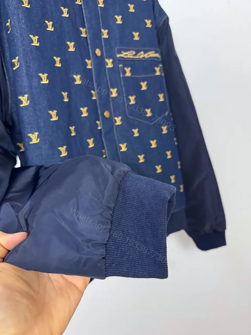 View 9 of Denim Bomber Jacket with Gold Monogram Detailing and Contrast Sleeves