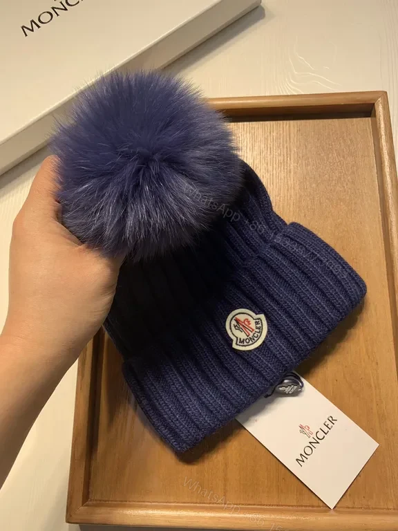 View 3 of Navy Rib Knit Beanie with Plush Pomâ€”Moncler Luxe Gift Box