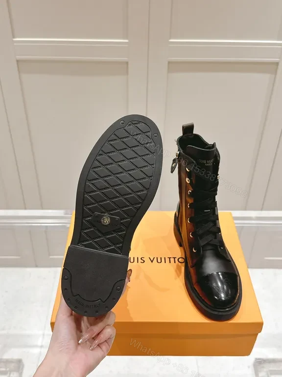 View 4 of Glossy Black Combat Boot - Louis Vuitton-Inspired Detailing, All-Day Comfort
