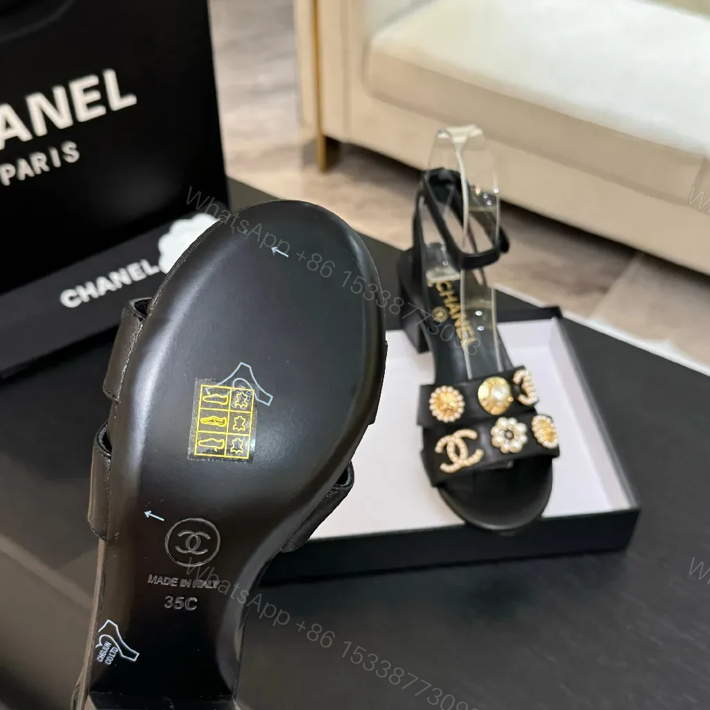 View 5 of Black Satin Sandals with Gold Hardware – Modern Chic Statement Sandals
