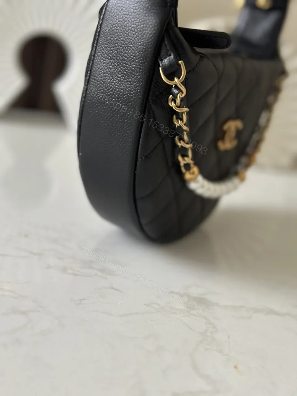 View 6 of Quilted Black Shoulder Bag with Pearl Chain Detail