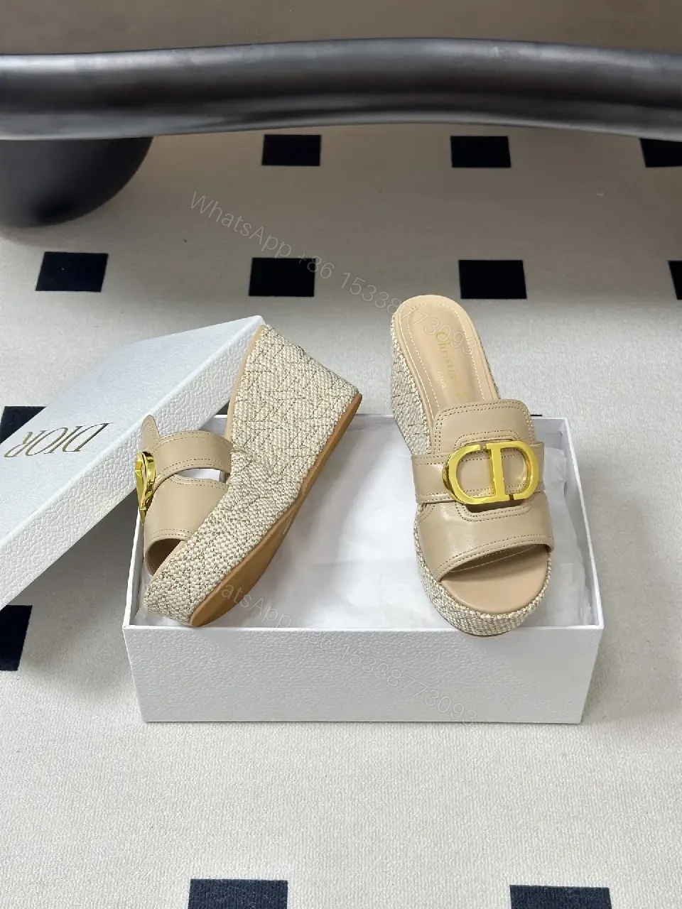 View 3 of Beige Leather Woven Wedge Sandals Dior-Style Gold Buckle Sandal