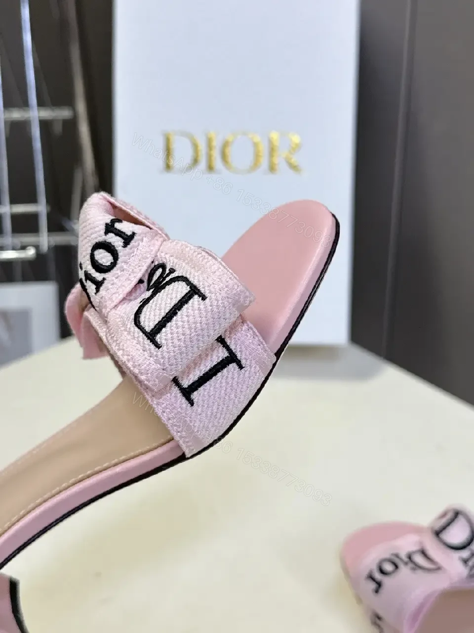 View 2 of Pink Leather Slide Sandals Dior Ribbon Bow Modern Glam Comfort Block Heel Sandal