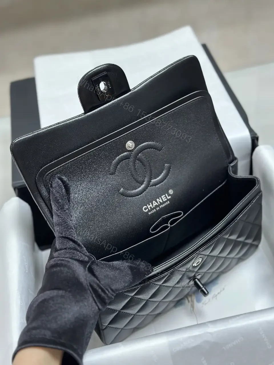 View 4 of Black Diamond Quilted Flap Bag with Chain Strap, Chanel-Inspired