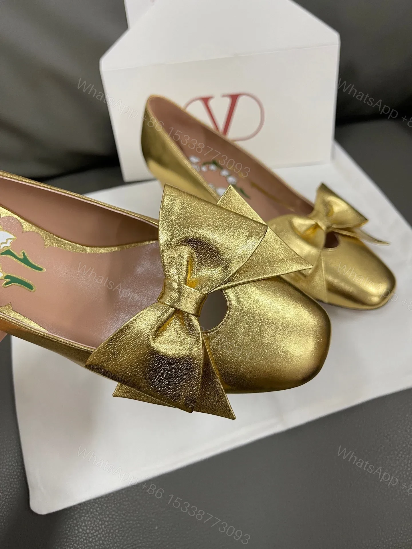 View 4 of Valentino Women Gold Leather Bow Detail Pumps