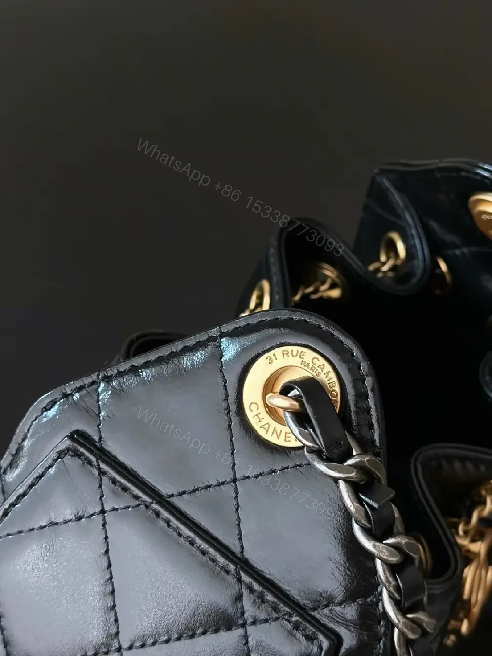View 7 of Quilted Leather Chain-Detail Shoulder Bag, Black, Lux Style, Everyday Carry