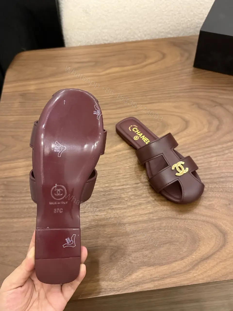 View 9 of Brown Leather Sandals, Gold CHANEL Logo, Slides, Open-Toe Style