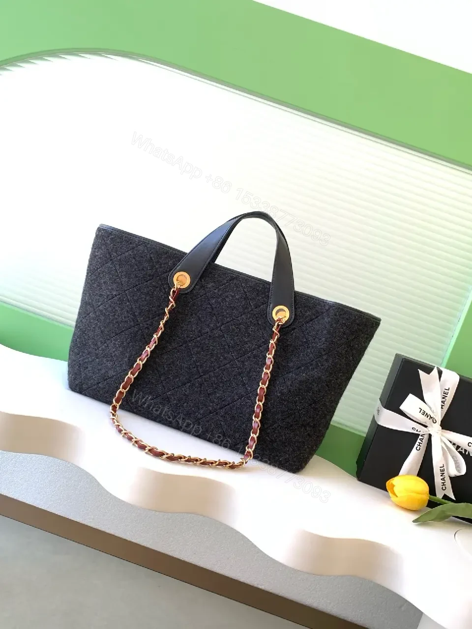 View 7 of Textured Quilted Tote – Wool-Blend with Gold Hardware Tote