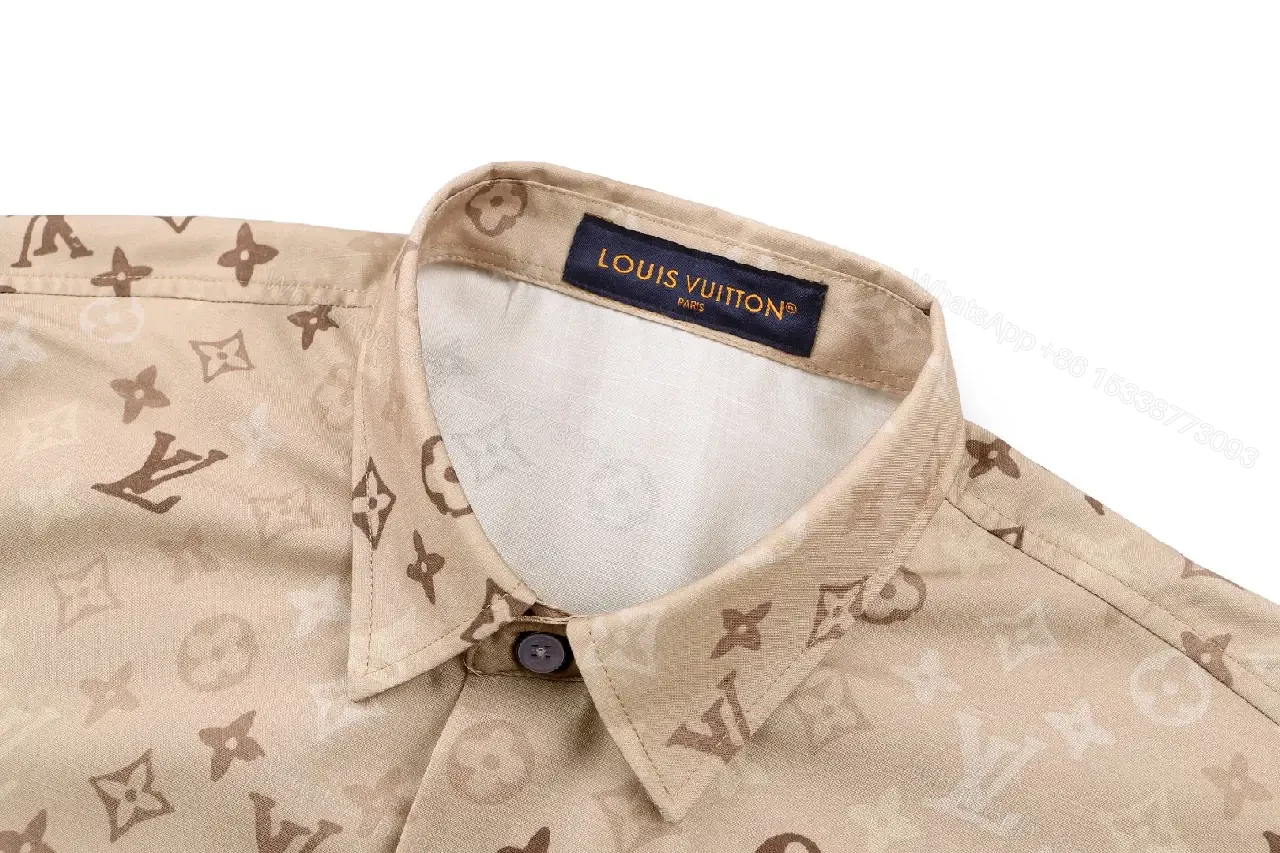 View 4 of Light Beige LV Monogram Floral Short-Sleeve Button-Up Shirt