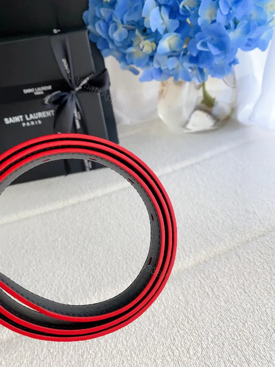 View 4 of Vivid Red Leather Bracelet with Gold-Tone HW Accent