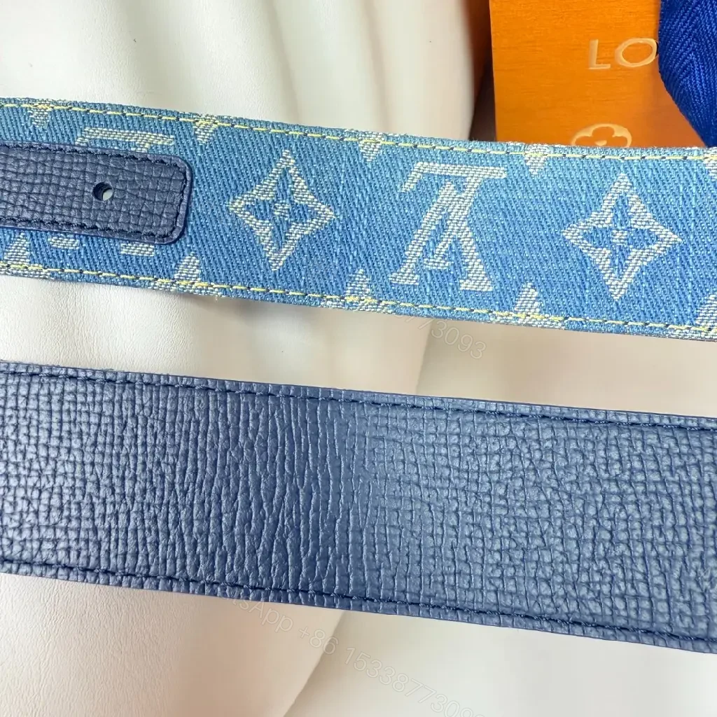 View 6 of Denim-Print Belt with Monogram Hardware: Luxury-Casual Belt