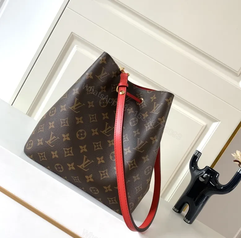 View 4 of Louis Vuitton-Style Monogram Bucket Bag: Red Leather Drawstring, Tote-like Versatility
