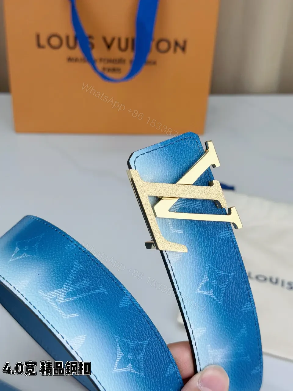 View 3 of Blue Gradient Leather Belt with Gold Buckle – Elegant Everyday Accessory