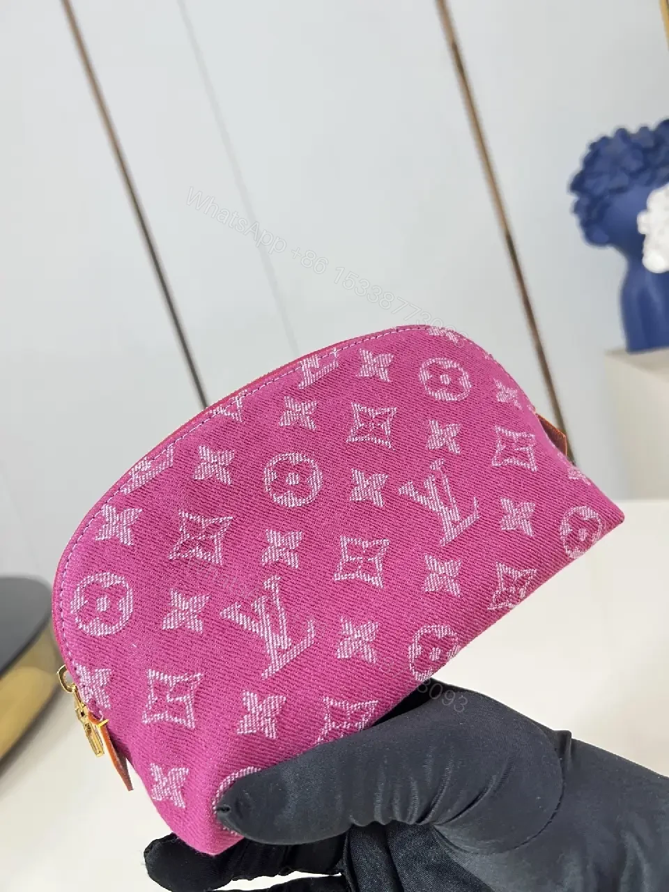 View 4 of Bold Pink Monogram Cosmetic Pouch with Gold Hardware