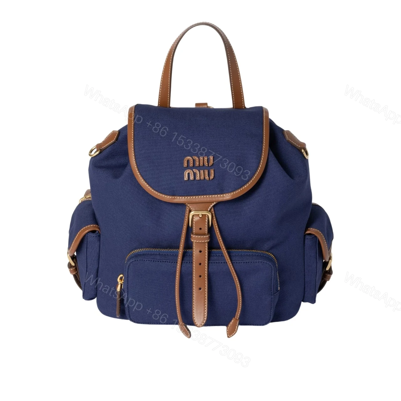 MIUMIU CANVAS BACKPACK CORNFLOWER BLUE AND BRANDY 27CM 5BZ042 2IBQ F0TQF V OOO — view 1
