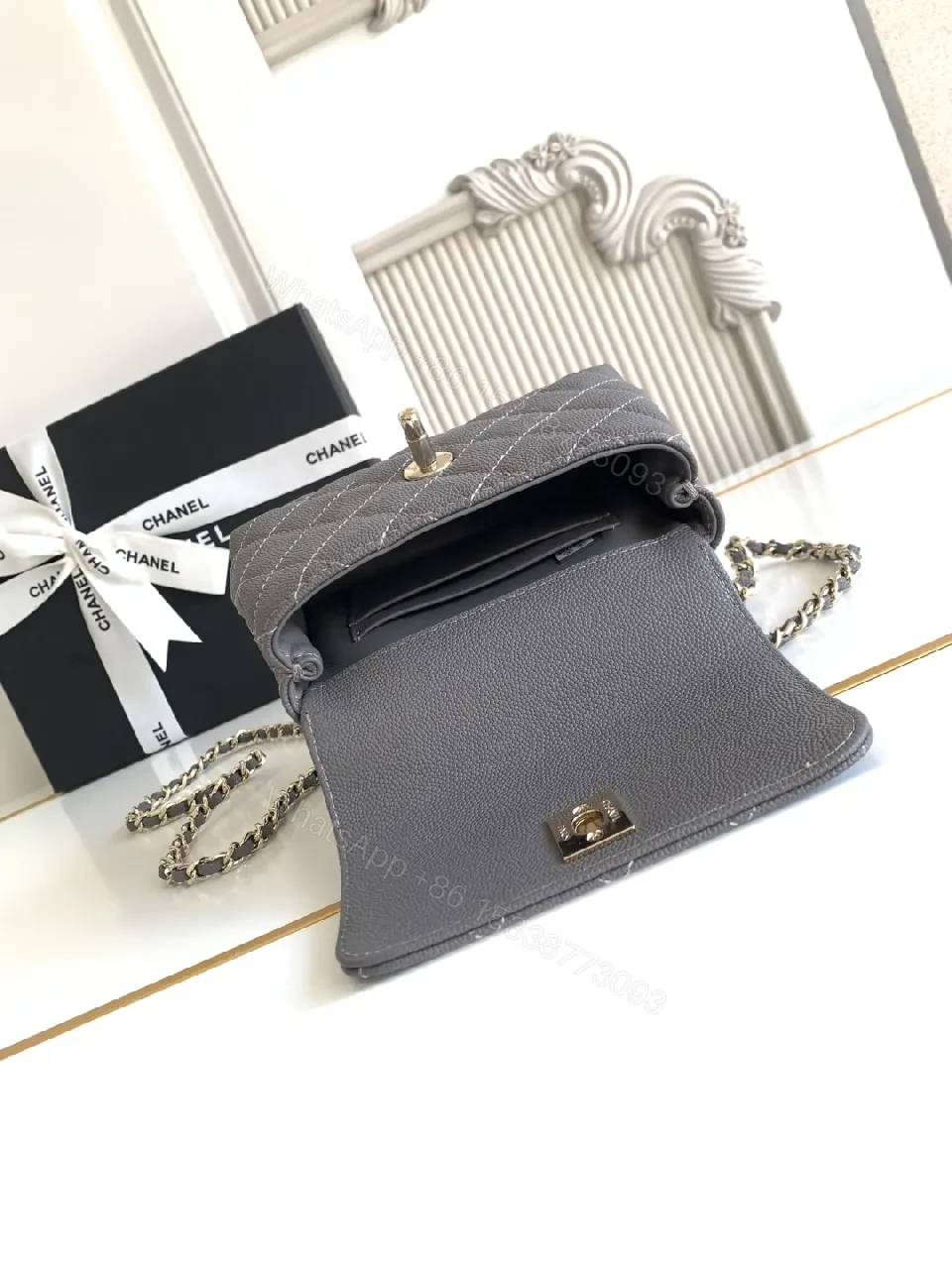 View 8 of Charcoal Leather Quilted Mini Bag with Gold Chain Accent