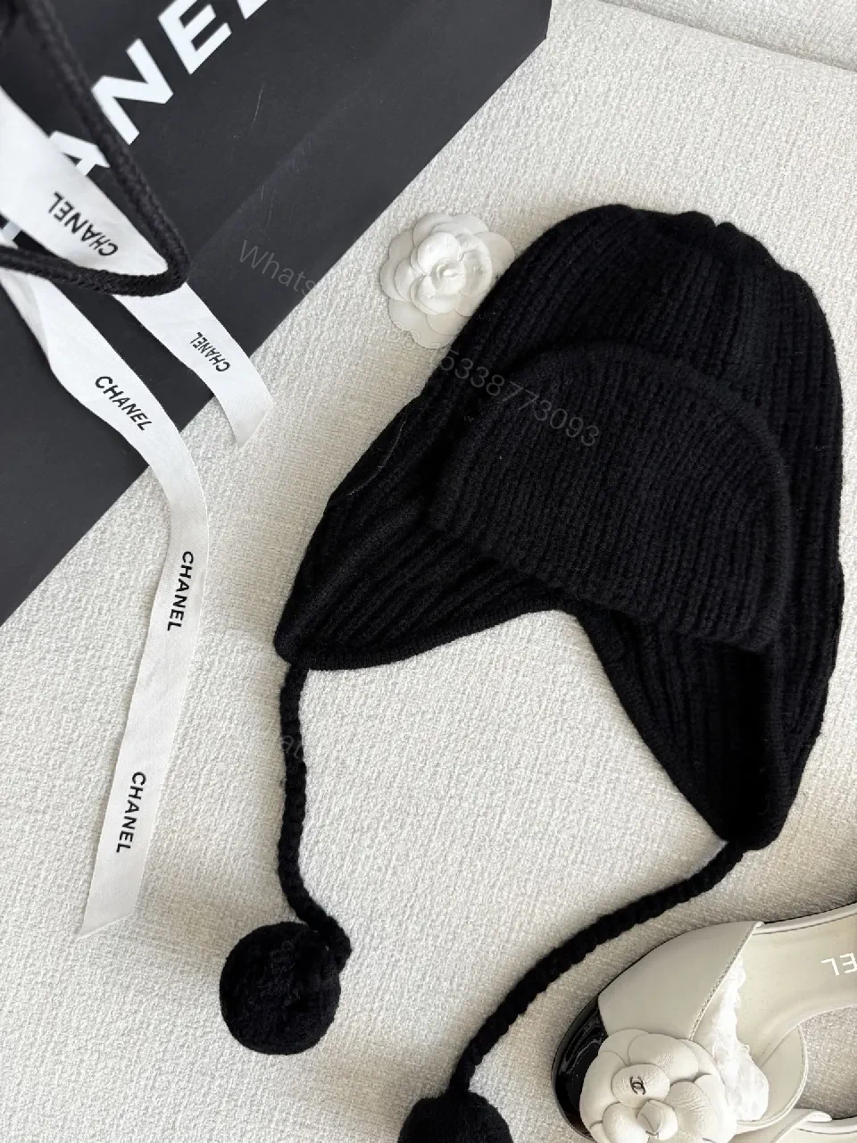 View 2 of Chic Knit Beanie with Logo Patches and Earflaps