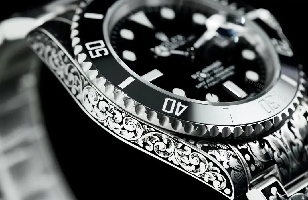 View 3 of Best Rolex Submariner Hand-Carved Black replica 40MM Engraved Steel Bracelet Edition RG-SUB-HANDCARVED-BLACK-BRACELET-40