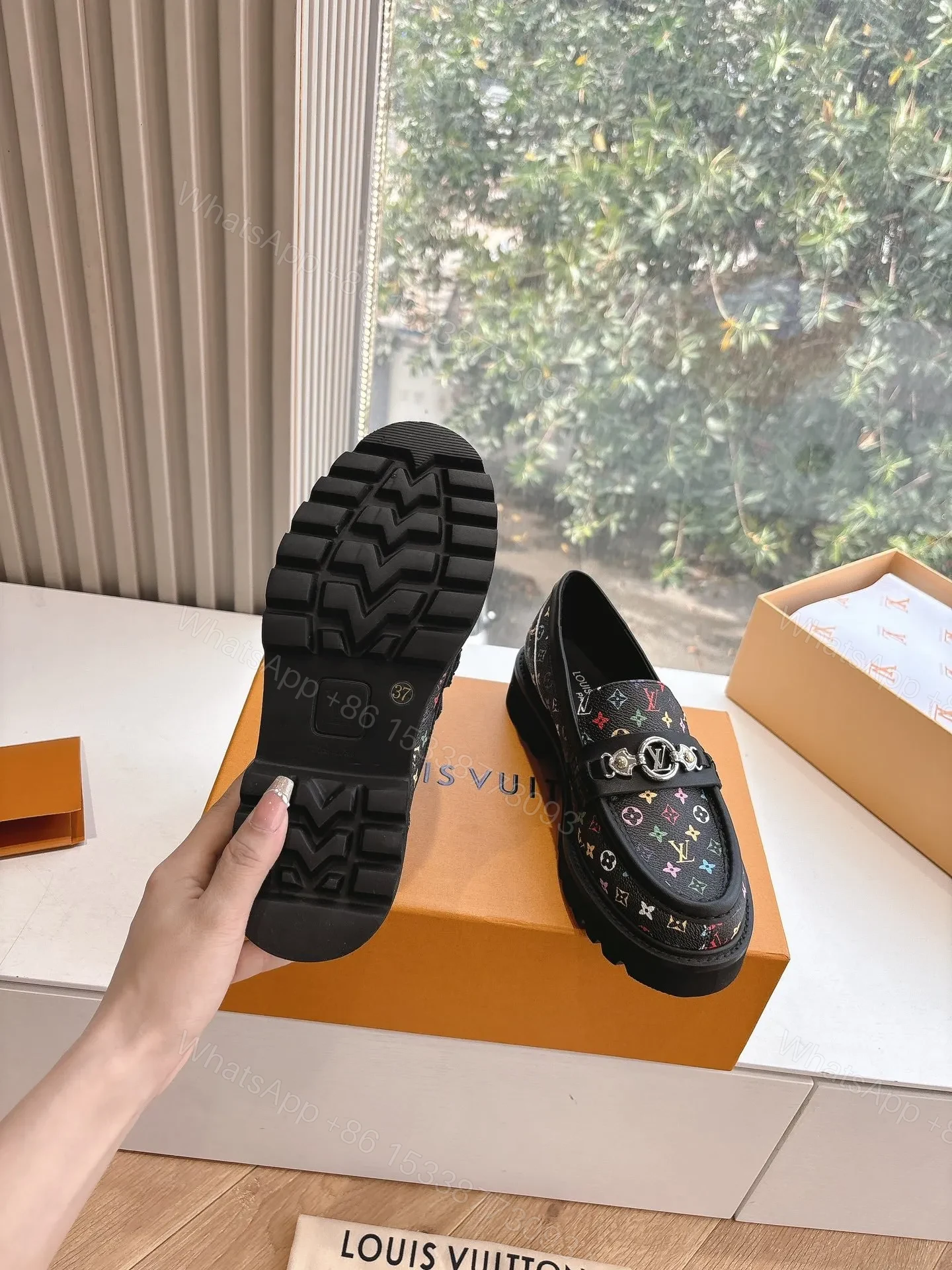 View 2 of LV Women Black Patterned Leather Loafers