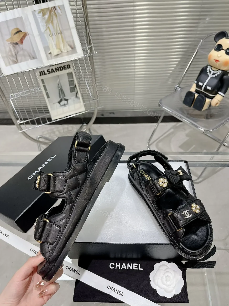 View 6 of Quilted Black Sandal: Pearl-Embellished Chic Comfort Sandal