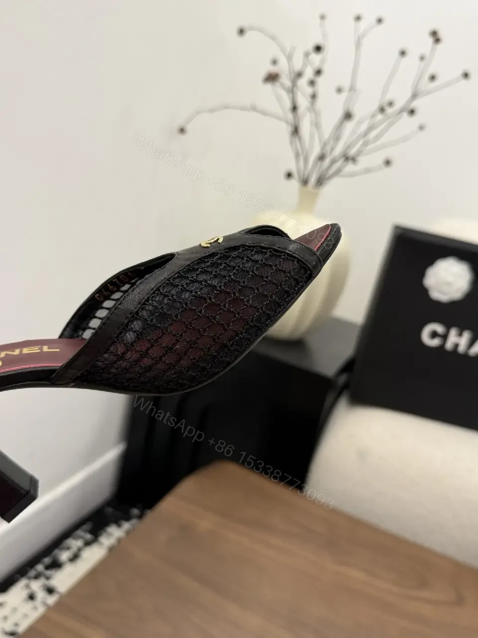 View 5 of Black Mesh Leather Mule Chanel Style Heels