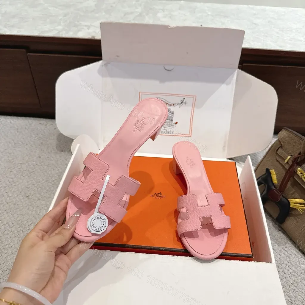 View 3 of Pink Leather H-Style Slide Sandals, Hermès-Inspired, Classic Platform Slide