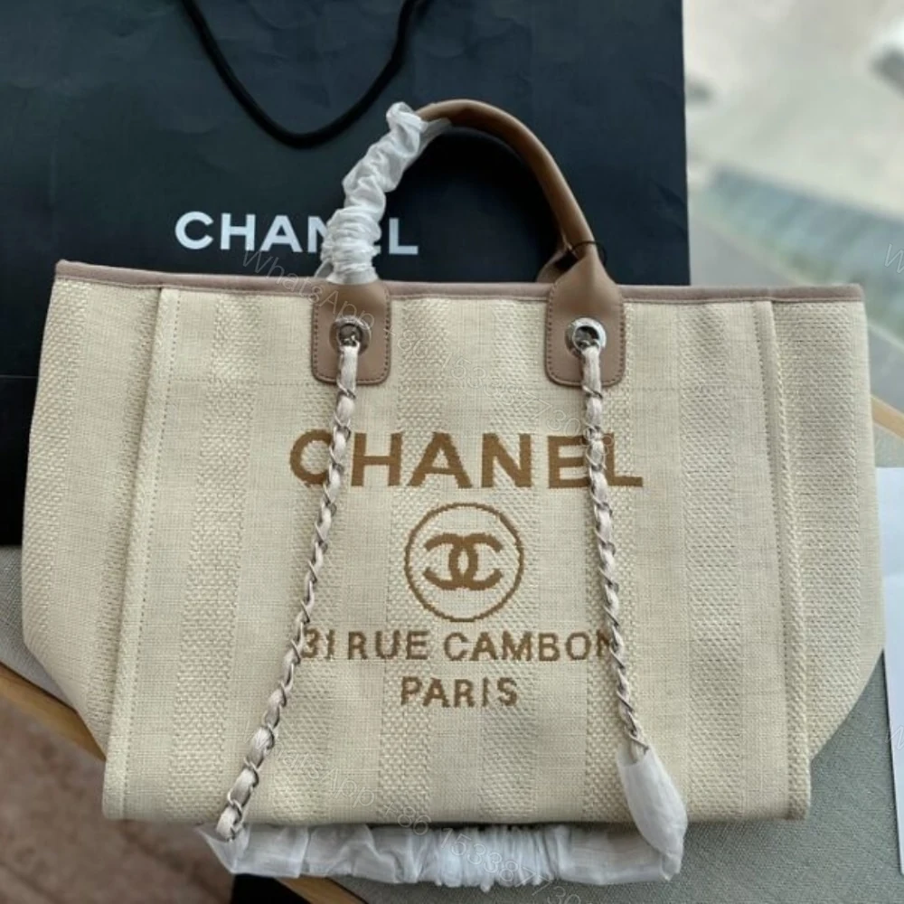 View 2 of Chanel Deauville Medium Tote Beige And Brown Canvas 38Cm