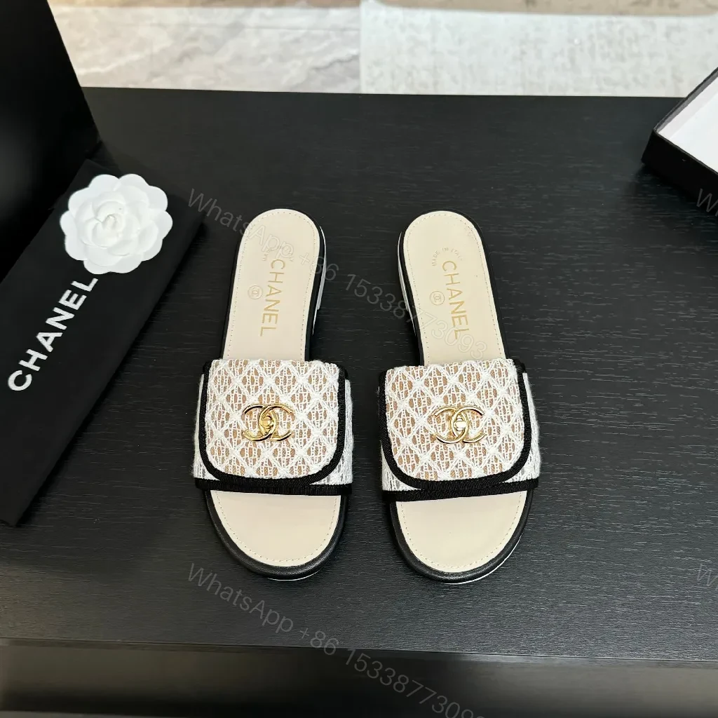 View 7 of Lace-Textured Slide Sandals with Gold Emblem, Open-Toe, Luxury Style