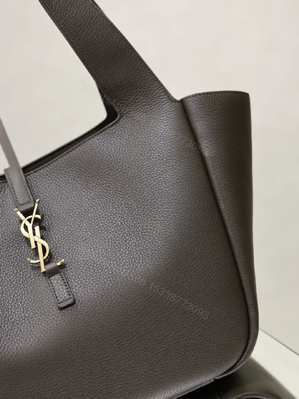 View 3 of Dark Brown/Black Pebbled Leather Tote with Gold YSL Charm