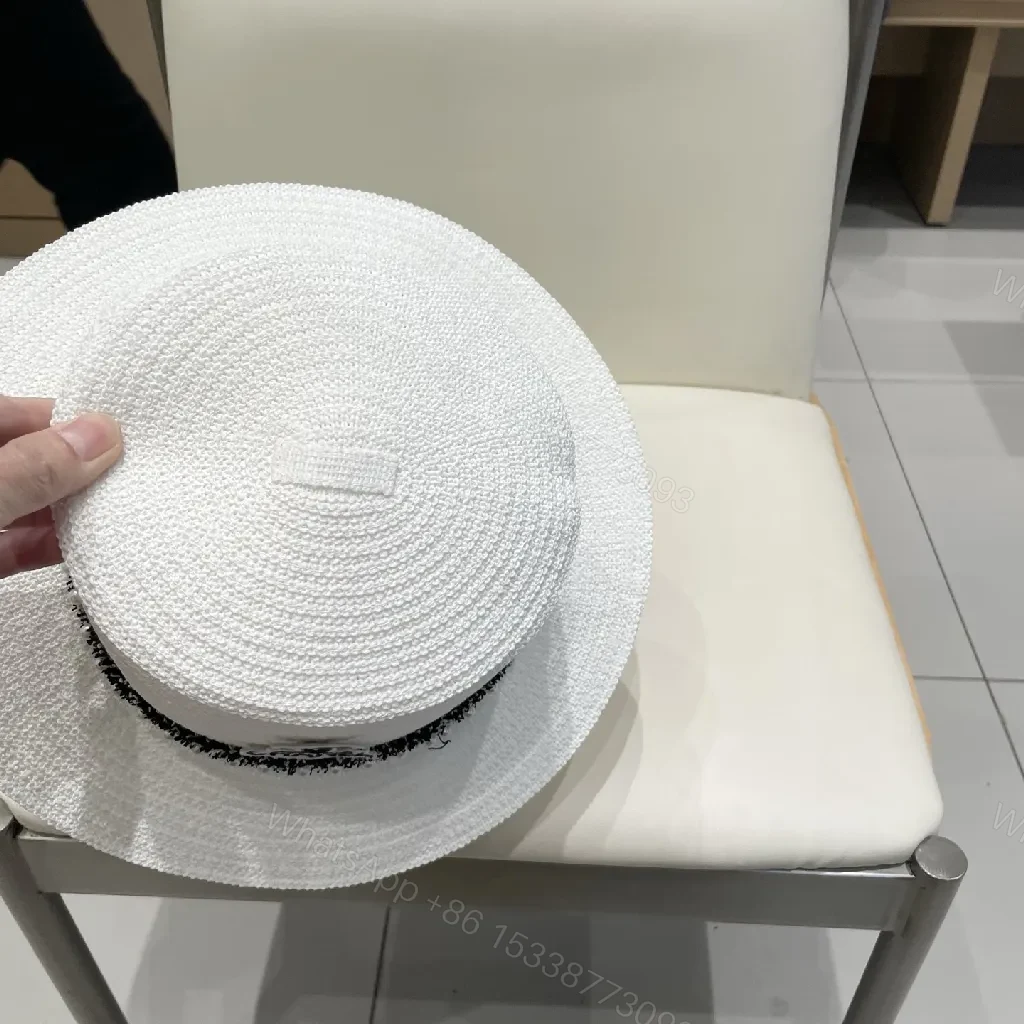 View 8 of White Straw Hat - Braided Texture, Chain Detail, Wide Brim