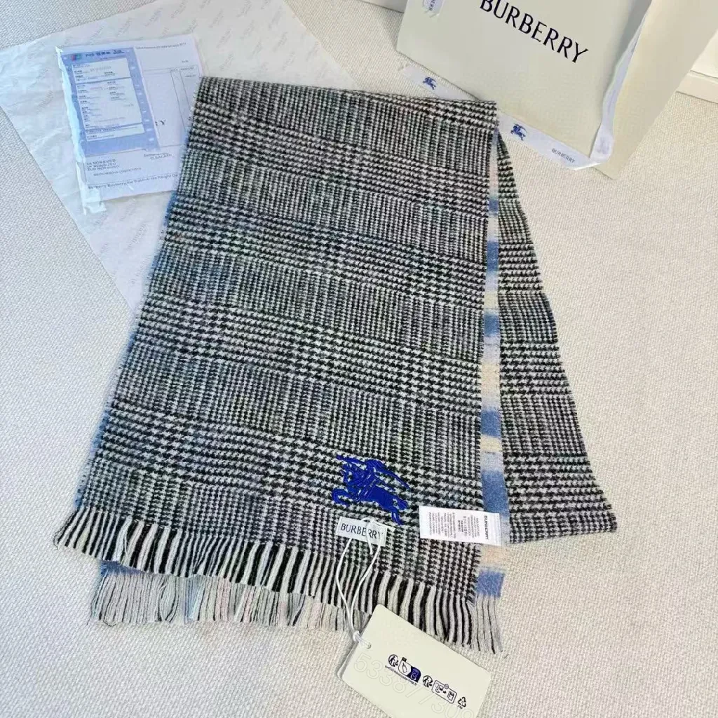 View 7 of Cozy Plaid Scarf – Soft Knit, Fringed Ends, Navy Embroidery