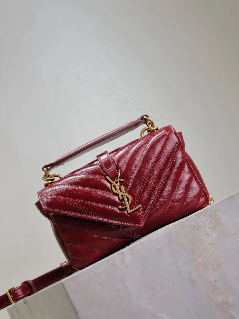 View 2 of Burgundy Quilted Crossbody Bag: Gold Hardware, Structured Style