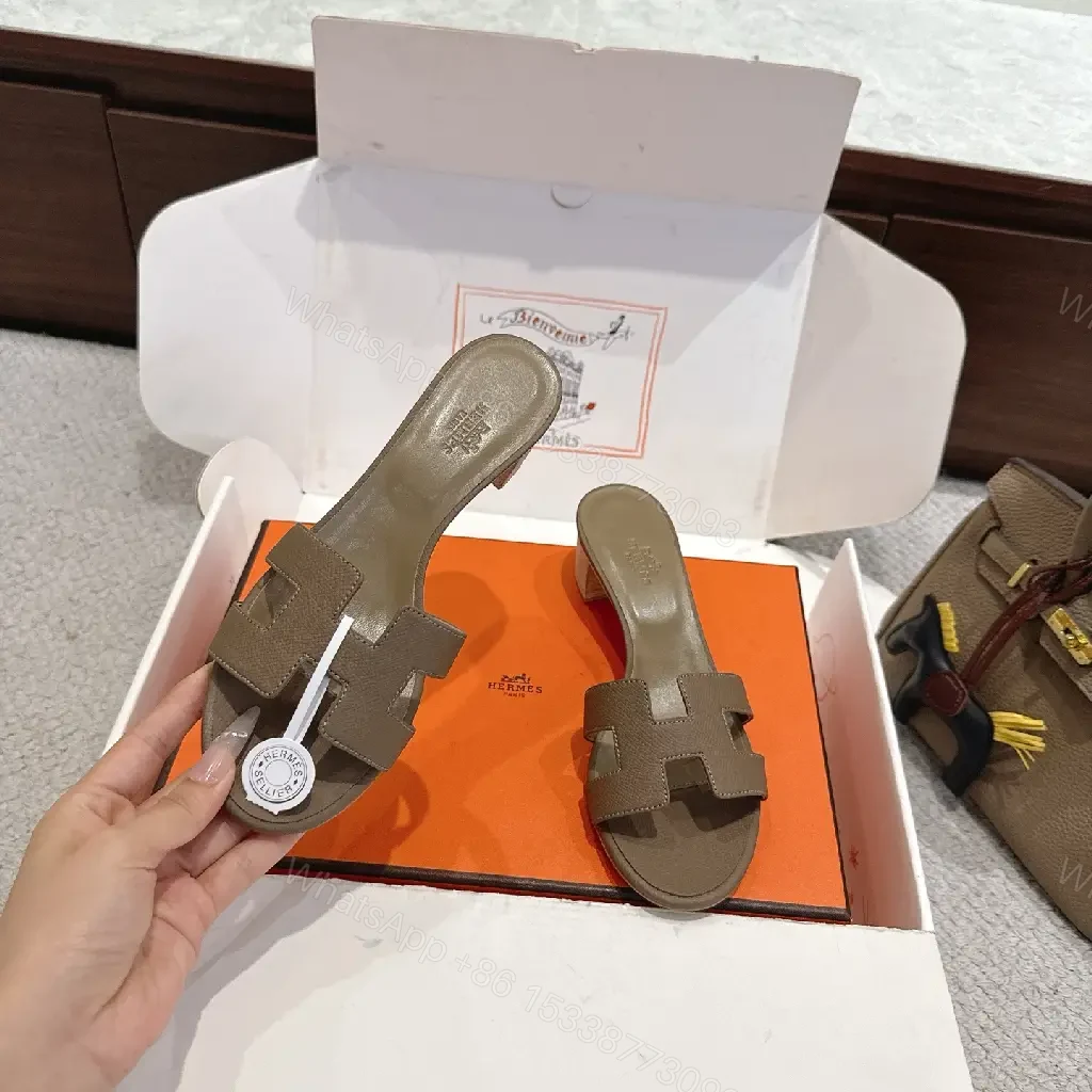 View 2 of Brown Leather Hermes-Style Heeled Sandals, Grained, Open-Toe, Signature Buckle, Sandal Type