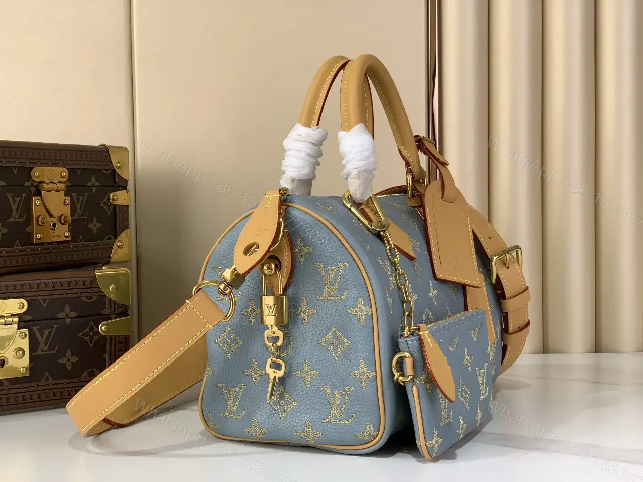View 8 of Light Blue LV Monogram Tote Bag with Tan Leather Accents