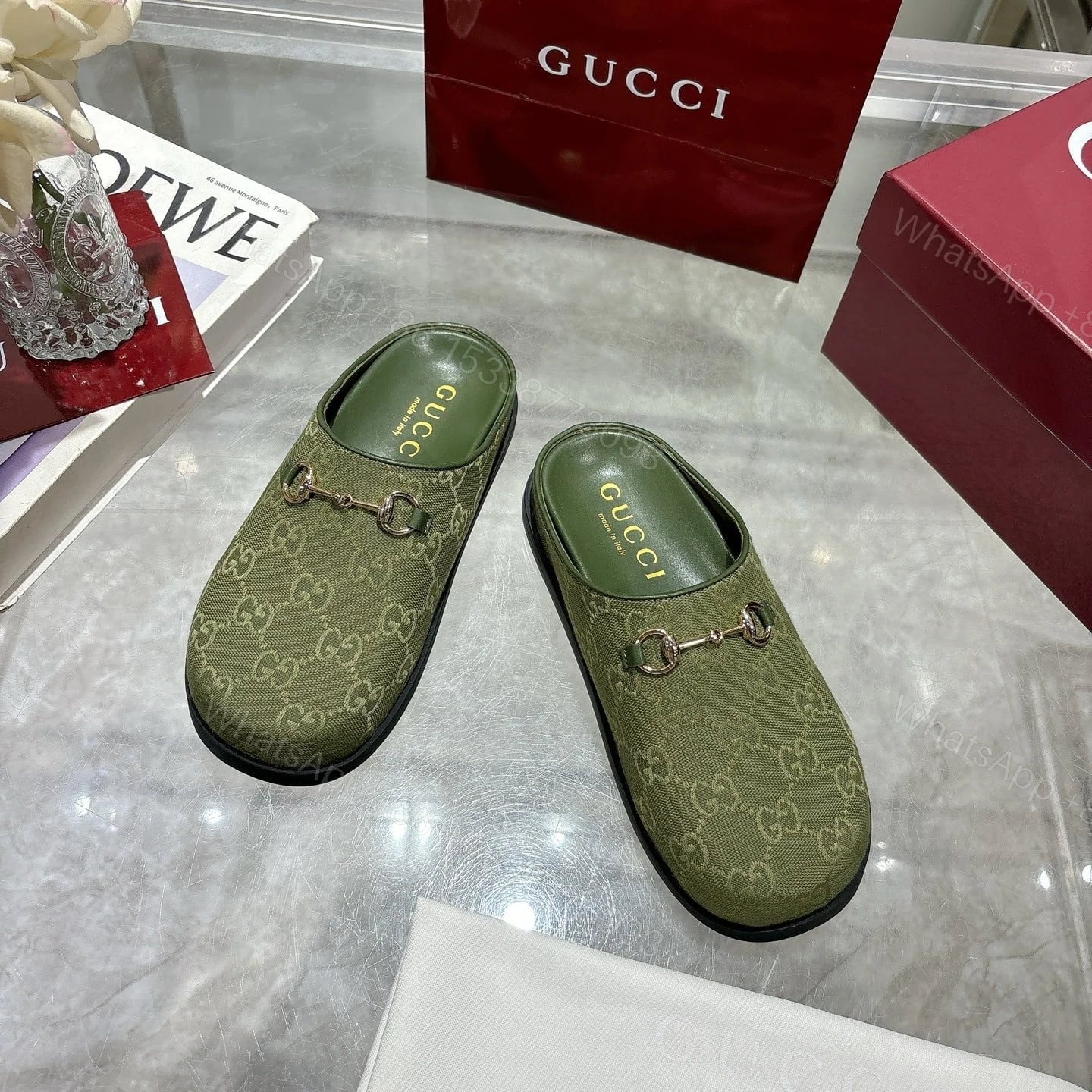 View 3 of GUCCI WOMEN MULE WITH HORSEBIT DARK GREEN GG CANVAS 837130 FAB10 3046